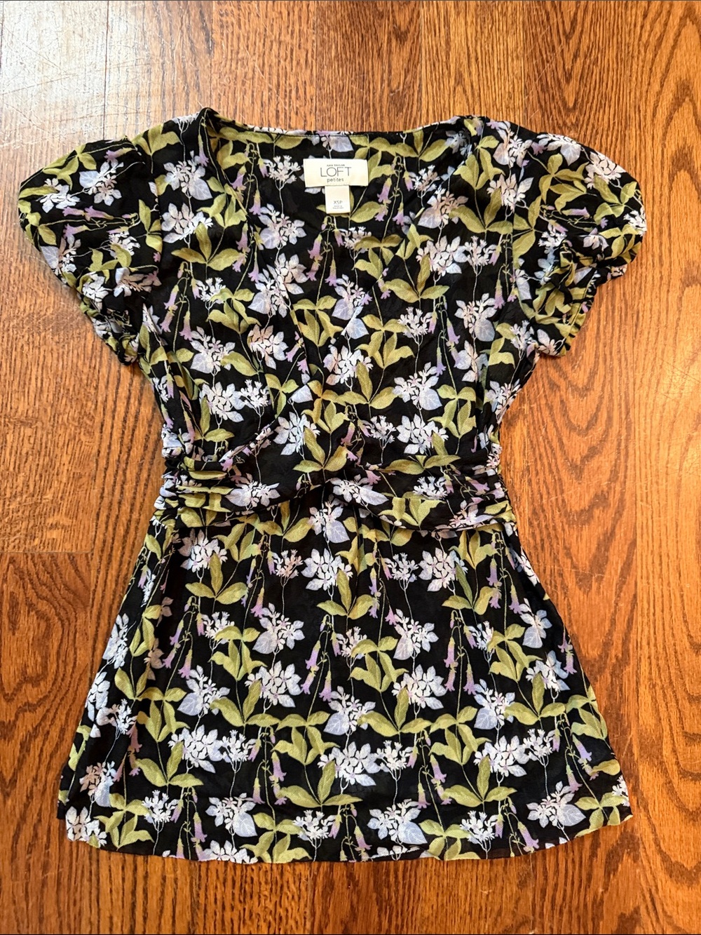 LOFT petite Black Floral Faux-Wrap mesh puff sleeve Top